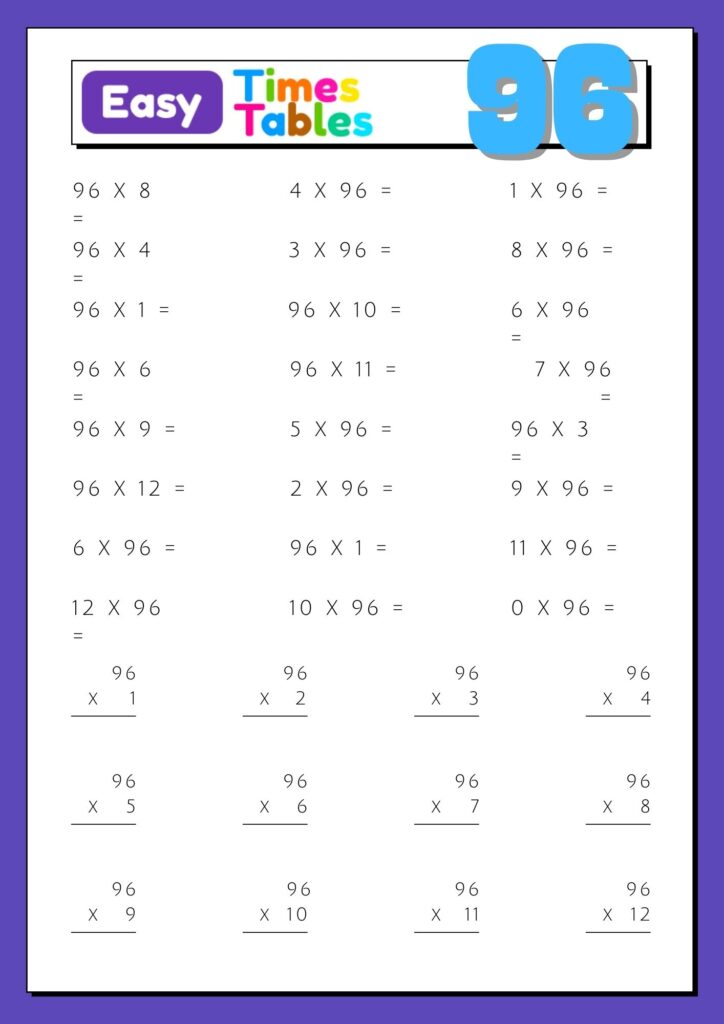 Images with printable exercises of multiplication table 96